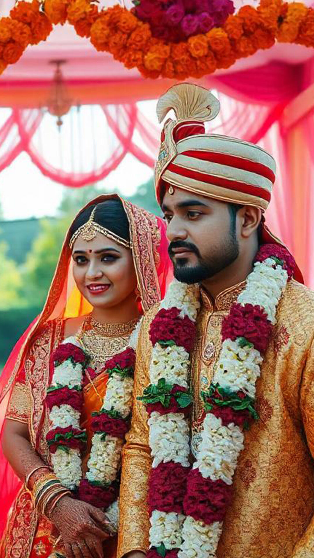 Couple posing for photo with wedding varmala